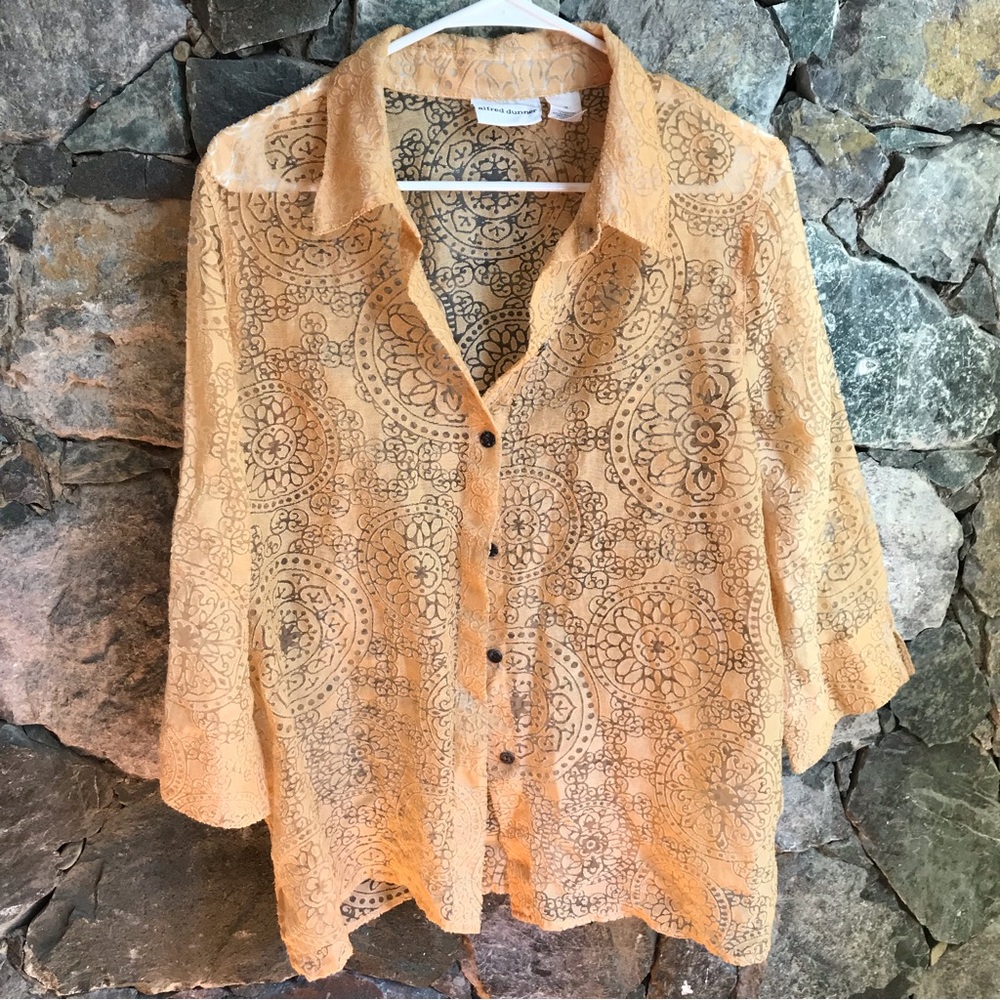 Alfred Dunner Floral Sheer Lace Button down long sleeve shirt size 16